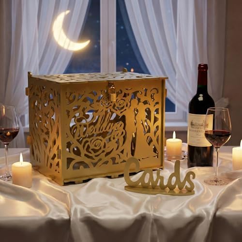 Jolik Rustic Wedding Card Box with Sign, Locking Gift Collection Money Holder for Wedding Reception & Party Decor, Gift Card & Envelope Storage, Anniversary & Birthday Party Decoration (Gold)