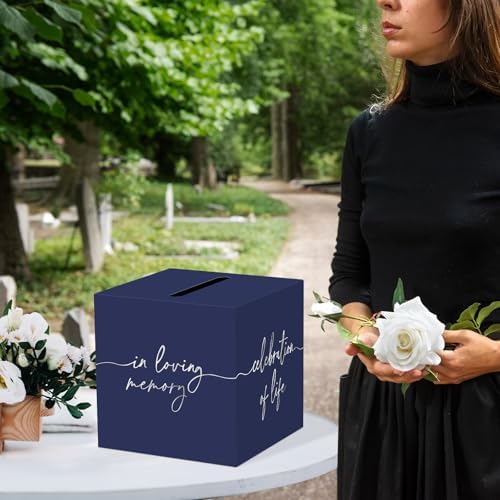 QISOLIY Navy Blue Celebration of Life Card Box with Silver Lettering, Share a Memory Funeral Card Box for Memorial Service, Remembrance Table Decor, Memory Box for Sympathy Condolence Messages