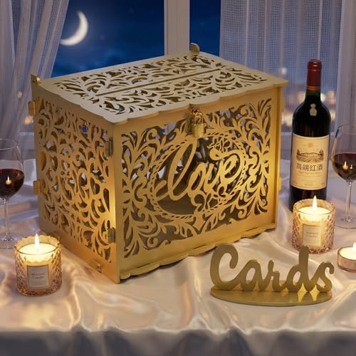 Jolik DIY Wedding Card Box, Large Rustic Locking Money Box Holder for Wedding Reception, Gift Card & Envelope Storage, Anniversary & Birthday Party Decoration (Gold)