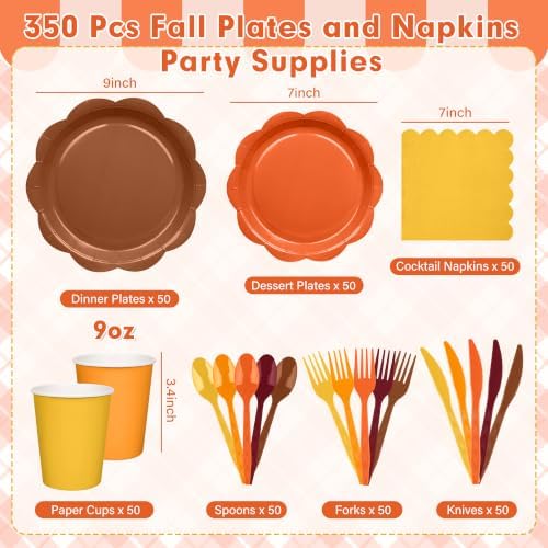 350 Pcs Orange Brown Fall Party Supplies - Red Orange Yellow Autumn Tableware set Include Gradient Scalloped Plate Napkin Cup & Cutlery for Thanksgiving, Fall Wedding, Harvest Party