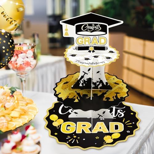 Yungyan 5 Set 2026 Graduation Cupcake Stand and Serving Platters Trays for 50 Cupcakes Black Gold 3 Tier Graduation Cap Cardboard Holder Tower Class of 2026 Congrats Grad Dessert Party Decor Supply