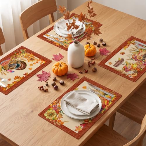 Thanksgiving Placemats Set of 4, Turkey Holiday Placemats Set of 4 12x18 Inch for Dining Table, Thanksgiving Place Mats Pumpkins Table Decor for Kitchen Dining Room Home