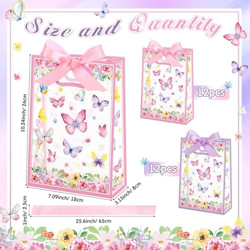 Capoda 24 Pack Butterfly Gift Bags with Handles Pink Purple Floral Party Favor Bags for Girls Birthday Reusable Plastic Goodie Bag Medium Treat Bag for Baby Shower Spring Garden Tea Party Supplies