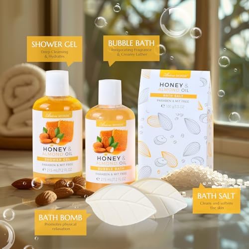 Bath Spa Gift Basket, Honey Almond 8pcs Bath & Body Gift Set for Women