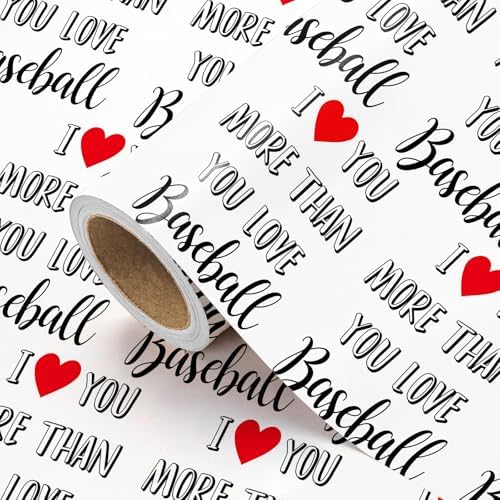 WRAPAHOLIC Funny Valentines Day Wrapping Paper Roll - Mini Roll - 17 Inch x 16.5 Feet - I Love You More Than Baseball Wrapping Paper for Valentine's Day, Anniversary, Birthday, Boyfriend, Husband