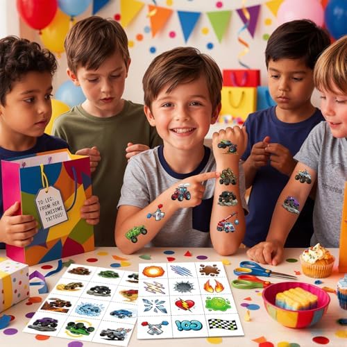 JCFIRE Monster Truck Temporary Tattoos for Kids Boys Age 4-7, Pre-cut Perforated No Scissors Needed, Diggers Construction Car Theme Birthday Party Favors Supplies Decorations Goodie Bag Stuffer