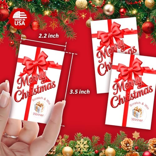 RokAPary Gift Box Merry Christmas Game Scratch Off, Red Bow, Scratch & Win, Easy to Play Silly Games, Fun Idea, Ice Breaker Activity. DIY Raffle Cards, Set of 40 Cards Made in USA
