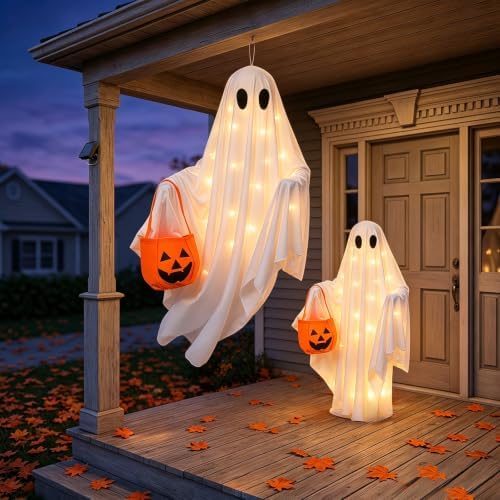Solar Ghost Halloween Lights 2Pack Hanging Stake Yard Decor