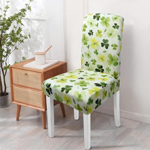 St Patricks Day Chair Covers Set of 6, Green Four Leaf Clover Dining Chair Covers, Elastic Removable Washable Dining Chair Covers for St. Patricks Day Kitchen Dining Room Holiday Party Decor