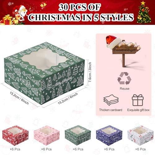 COTOPHER 30Pcs Christmas Cookie Boxes for Gift Giving, 6x6x3 in Bakery Box