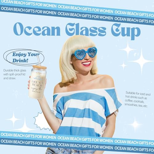 Gifts for Women, 8pcs Ocean Happy Birthday Gifts for Women, Christmas Ideas Inspirational Get Well Soon Gift Baskets Mothers Day Box w/Seashell Tote Bag for Her Mom Sister Friend Friendship