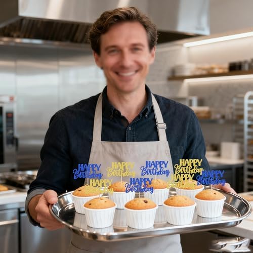 30 PCS Happy Birthday Cupcake Toppers Glitter Happy Birthday Cupcake Picks for Celebrating Anniversary Theme Christmas Party Cake Decorations Supplies Gold Blue