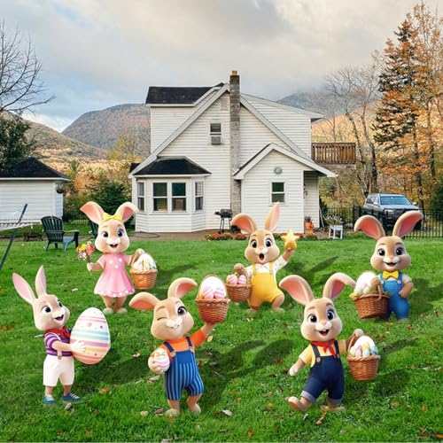 6-Piece Easter Bunny Yard Signs with Stakes – 6 Assorted Cute Rabbit Designs 13.8 Inches Tall Outdoor Lawn Decorations for Easter Egg Hunts, Spring Garden Parties, and Yard Displays