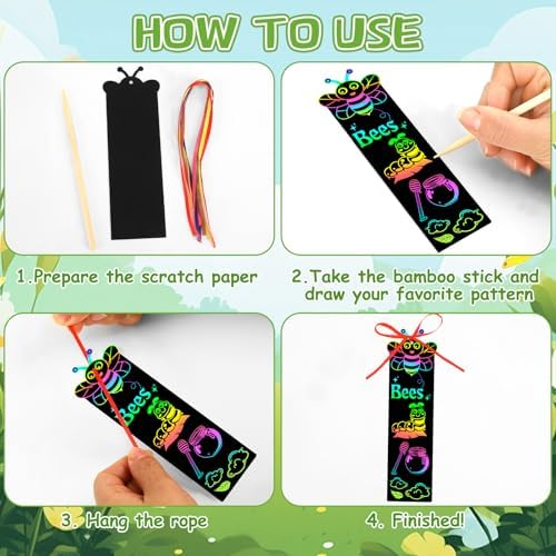 JUNEBRUSHS Spring Scratch Bookmarks, 30PCS Crafts for Kids DIY Rainbow Scratch Art, Spring Activities for Kids Art Project with 6 Designs, 30 Strings and 12 Sticks