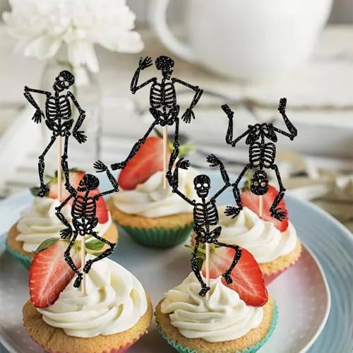 30 PCS Halloween Skull Cupcake Toppers Glitter Skeleton Dance Cupcake Picks Happy Halloween Party Decorations for Skull Baby Shower Kids Boys Girls Birthday Party Cake Decorations Supplies Black