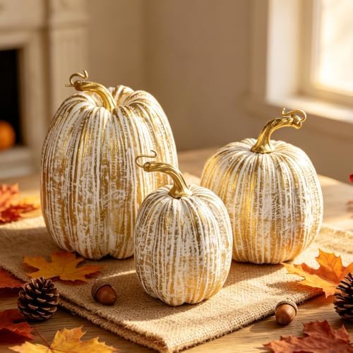 winemana Gold Pumpkins Fall Decor Large Artificial Foam Pumpkin, 3 Pack