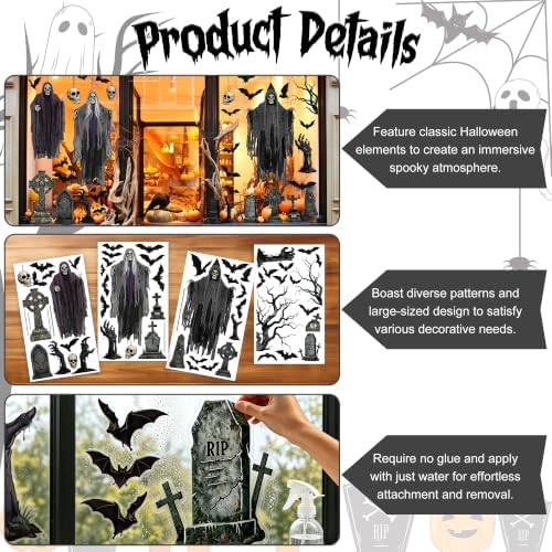 54 PCS Large Halloween Decor, Grim Reaper Halloween Window Clings for Home