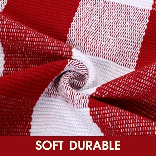 Christmas Red and White Plaid Rug, 28 x 43 Inches Cotton Hand-Woven Layered Door Mat for Front Porch, Entryway, Outdoor Holiday Decor, Washable Buffalo Check Rug for Home, Patio, Kitchen