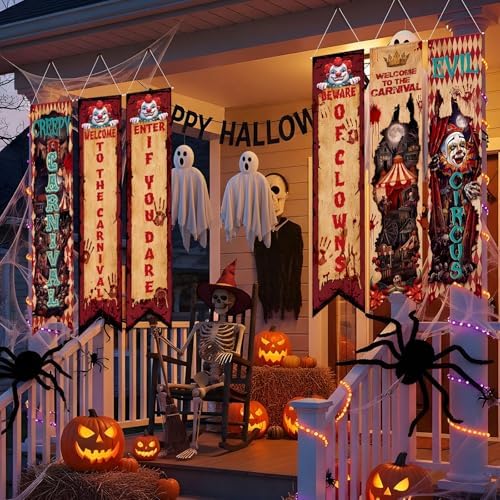 Hahafelt 6 Pcs Halloween Party Decorations Banners 61 Inch Carnival Clown Bulletin Board Banner Evil Circus Gothic Porch Door Hanging Decor for Wall Classroom Office Halloween Circus Party Supplies