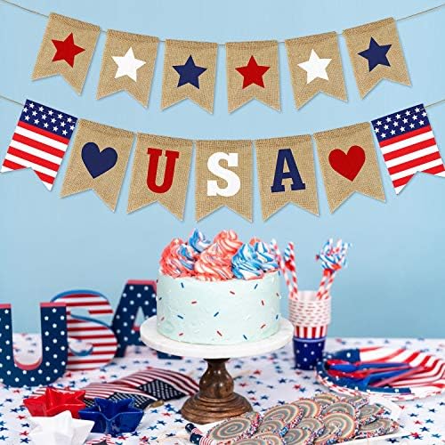 USA Banner Burlap 4th of July Decorations Rustic Patriotic Banner Red White Blue Stars Bunting Garland for President Day 4th of July Party Supplies 4th of July Patriotic Outdoor Indoor hanging Decor