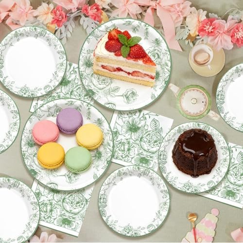Sage Green Floral Plates and Napkins Party Supplies,Serve 60 Guests