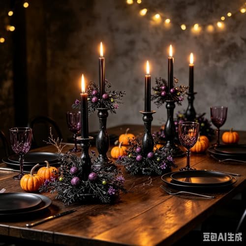 12 Pcs Halloween Spooky Beetle Spider Napkin Rings Artificial Black Foliage Purple Glitter Ball Green Bead Purple Flower Wreath Napkin Ring Holder Buckles for Halloween Gothic Dinner Haunted House
