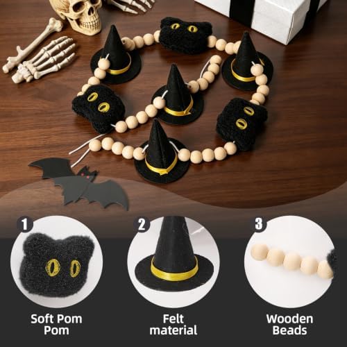 GreenD Halloween Garland 9.84FT Wood Bead Garland with Felt Witch Hats & Plush Cats, Handmade Indoor Hanging Decor for Living Room Window Neutral Farmhouse Cute Party Supplies
