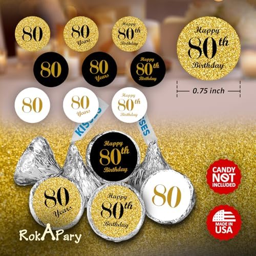 Happy 80th Birthday Kisses Stickers, (Set of 324) Chocolate Drops Labels for 80 Birthday, Party Favors Decor for Kisses. Made in USA, 9 Designs (36 Stickers of Each)