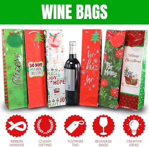 Iconikal 6-Pack Christmas Wine Bottle Gift Bags Heavy-Duty