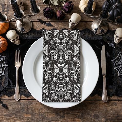 WRAPAHOLIC 50Pcs Gothic Halloween Paper Napkins - 3-Ply Black and White Skull Moth Gothic Guest Disposable Hand Towels for Bathroom, Halloween, Birthday, Holiday - 4.3 x 7.9 In