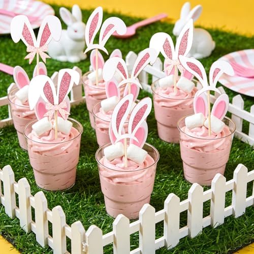 Easter Cupcake Toppers, 24 Pcs Easter Bunny Ear Cupcake Toppers, Glitter Pink Rabbit Ears Cupcake Picks Topper Easter Bunny Rabbit Cake Decorations for Easter Girls Birthday Party Decorations Supplies