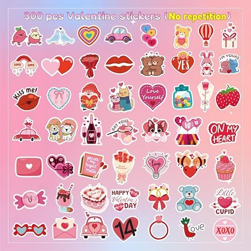 300 PCS Valentines Day Stickers, Non-Repeating Valentine Stickers, Valentines Stickers Gifts Party Favors Decorations,Waterproof Vinyl Heart Sticker for Laptops, Water Bottles