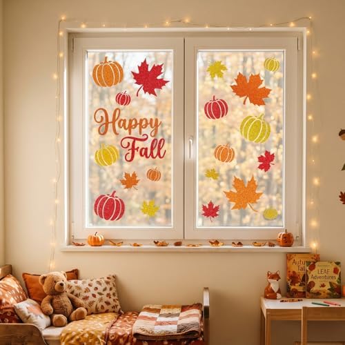 Glitter Fall Window Clings Autumn Thanksgiving Window Stickers Decals Decor