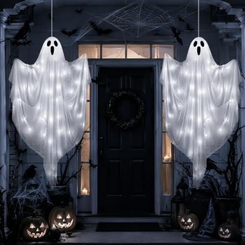 4 FT Halloween Hanging Ghost Decorations with 50 LED Lights, Light Up White Ghost Outdoor Decor with Timer & 8 Lighting Modes, Hanging Halloween Ghost for Front Porch, Yard, Patio, Garden & Party