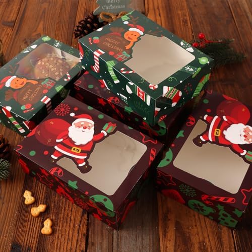 CHOUNYEE 24 Pack Christmas Cookie Boxes (8.25x6x2.75 Inch), Christmas Treat Boxes for Gift Giving, Bakery Boxes with Window for Exchange Gift, Holiday Food Cookie gift Containers