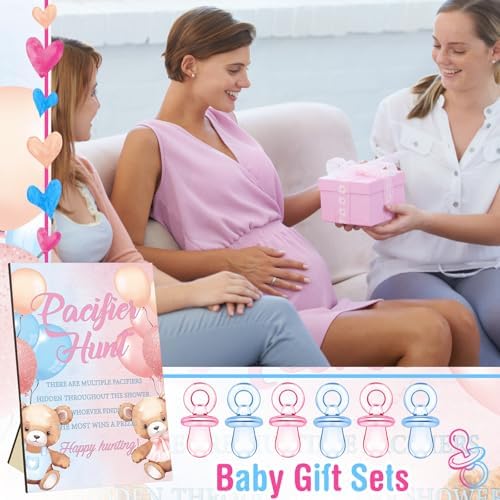 Thyle 51 Pcs Bear Pacifier Hunt Baby Shower Games Include Hunt Sign and 50 Acrylic Pacifiers for Pink and Blue Baby Shower Game Decoration Sets Gender Reveal Newborn Announcement Party Decor
