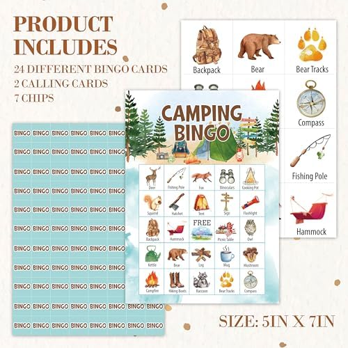Camping Bingo Game, Nature Bingo Cards Set, Hike Field Trip Outdoor Activities Supplies for Adults, Family Friends Activities Favors Decorations for 24 Player, 01