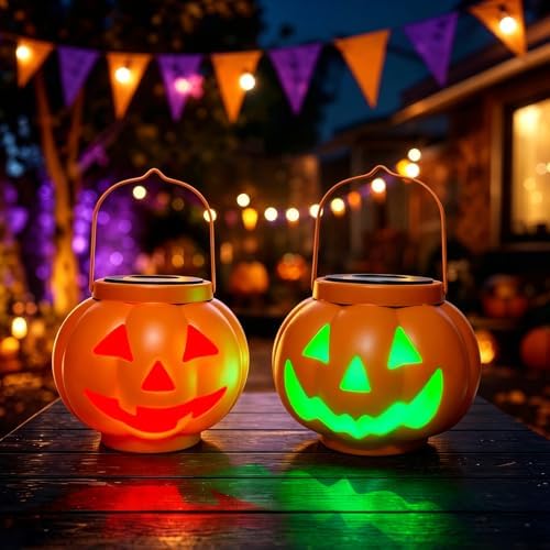 BRIGHTDECK Halloween Pumpkin Solar Lanterns 2 Pack, Jack O Lantern Pumpkin Lights for Halloween Decorations Outdoor, Weatherproof & Portable Fall Yard Decor (2Pack Red＆Green)