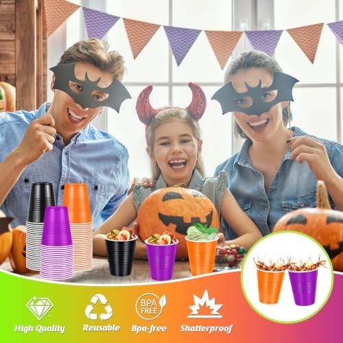 100 Pcs Bulk Halloween Plastic Cups 12 oz, Black Orange Purple Party Cups