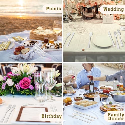 150 Pack Clear Plastic Silverware - Disposable Cutlery with Colorful Design, Includes 50 Forks, 50 Knives, 50 Spoons for Birthday, Wedding, Baby Shower