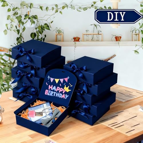 10pack Gift Boxes with Lids, Blue Gift Boxes for Presents with Ribbons