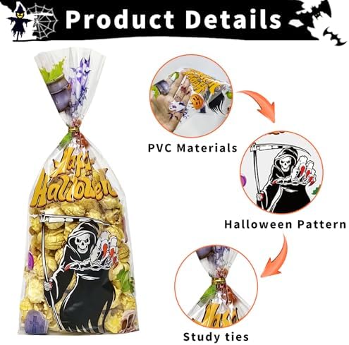 QOIUSO Halloween Cellophane Treat Bags: 54Pcs Clear Halloween Trick or Treat Goodie Bags with 60Pcs Twist for Candy Cookies Gifts Packaing, Kids Party Favor Bags (10.8 * 5.1in)