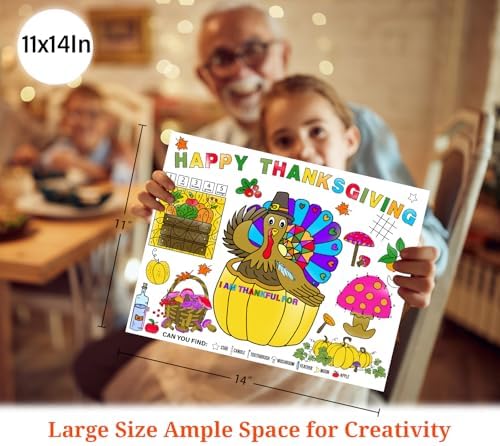 Thanksgiving Coloring Placemats for Family - 16Pack Turkey Paper Table Placemats Happy Thanksgiving Disposable Place Mat Fall Harvest Thanks Giving Activities Arts and Crafts for Party Favor
