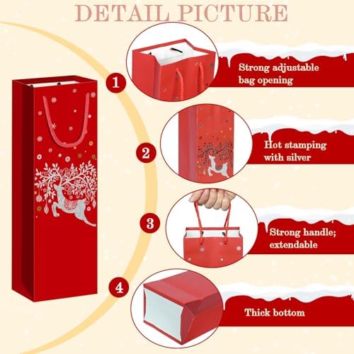 Xylitic 12 Pack Christmas Wine Bags with Handles, Holiday Wine Gift Bags for Bottles, Winter Wedding Birthday Xmas Party Supplies (4.7” x 3.5” x 14”)