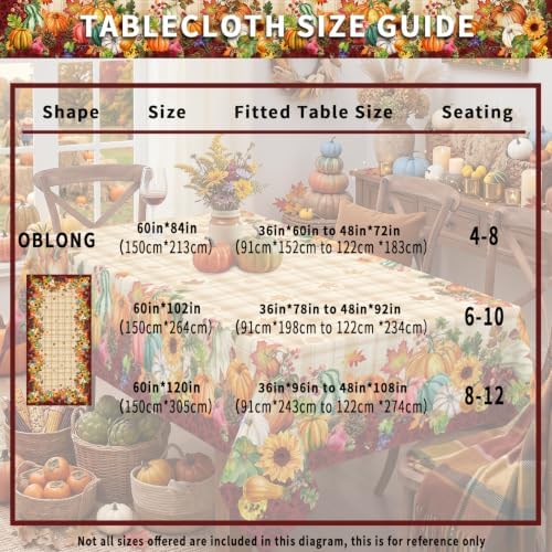 Fall Plaid Tablecloth Rectangle 60 x 84 Inch, Stain Resistant Washable Fabric Autumn Harvest Pumpkin Tablecloths Rectangular Fall Table Cloth Rectangle Table Cover for Kitchen Dining Party