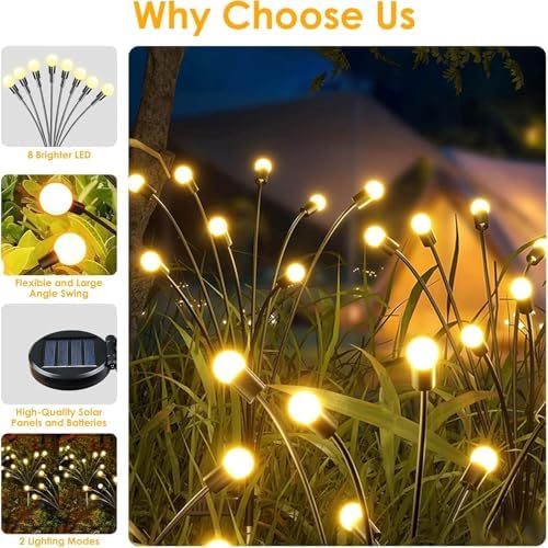 Solar Garden Lights Outdoor 8 Pack 64 LED Solar Firefly Lights Warm White