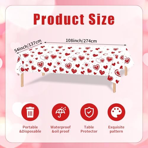 3-Piece 54 x 108 Inch Valentine’s Day Plastic Tablecloth – Red Heart Disposable Rectangle Table Covers for Romantic Dinner, Wedding Shower, Anniversary Party, and Valentine Decorations
