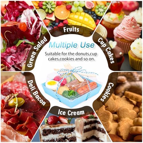 Whaline 50 Set Blue Small Charcuterie Boxes with Lids Forks Knives Summer Clear Mini Dessert Box Disposable Food Containers for Graduation Wedding Gift Giving Beach Party Sandwich Cookie Sushi Cake