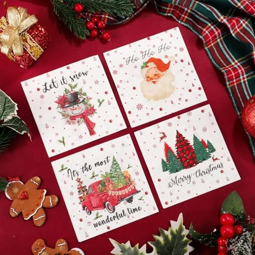 NatNarr 200 Pcs Christmas Cocktail Napkins, 5x5" Christmas Paper Napkins Xmas Tree Santa Snowman Decoupage Napkins Disposable Holiday Napkins for Winter New Year Party