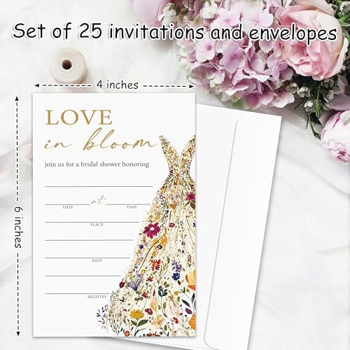 Love in Bloom Bridal Shower Invitations With Envelopes, Wild Flower Bridal Shower Invites, Bachelorette Party Invitations, Wedding Invites 25 Set, Celebration Engagement Party Supply/015